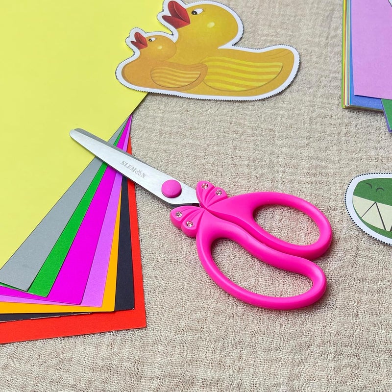 SLEMOON Scissors for Kids Ages 4-8 | Blunt Tip Safety Toddler Scissors, Stainless Steel Blades, ABS Plastic | School Craft Supplies, Art Projects, Pink (Princess Design with Rhinestones) - Image 3